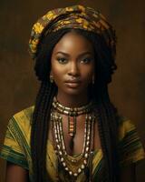 magnifique africain femme dans traditionnel robe génératif ai photo