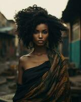 magnifique africain femme avec afro cheveux génératif ai photo