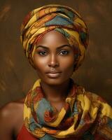 magnifique africain femme portant une turban et écharpe génératif ai photo