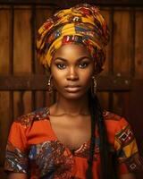 magnifique africain femme portant coloré robe et turban génératif ai photo