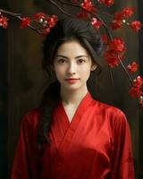 magnifique asiatique femme dans rouge kimono avec Cerise fleur génératif ai photo