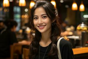 magnifique asiatique femme souriant à le caméra dans une restaurant génératif ai photo