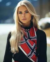 magnifique blond femme portant rouge et noir écharpe génératif ai photo