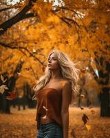 magnifique blond femme permanent dans le milieu de un l'automne parc génératif ai photo