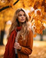 magnifique blond femme avec rouge écharpe dans l'automne parc génératif ai photo