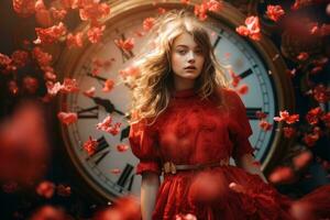 magnifique fille dans rouge robe dans de face de une l'horloge génératif ai photo