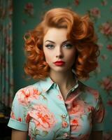 magnifique rouge aux cheveux femme avec floral chemise et rouge rouge à lèvres génératif ai photo