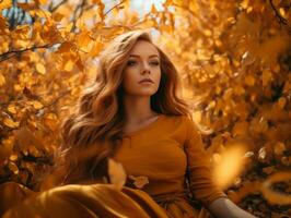 magnifique roux femme dans Jaune robe entouré par l'automne feuilles génératif ai photo