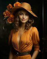 magnifique femme dans Orange robe et chapeau génératif ai photo