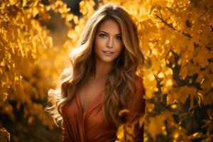 magnifique femme dans Orange robe dans l'automne feuilles génératif ai photo