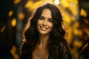 magnifique femme avec longue cheveux souriant dans de face de Jaune feuilles génératif ai photo