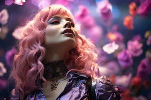 magnifique femme avec rose cheveux et violet robe dans de face de fleurs génératif ai photo