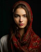 magnifique Jeune femme dans une rouge foulard sur une noir Contexte génératif ai photo