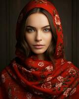 magnifique Jeune femme dans une rouge châle génératif ai photo
