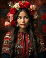 magnifique Jeune femme dans traditionnel Vêtements avec fleurs dans sa cheveux génératif ai photo