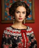 magnifique Jeune femme dans traditionnel mexicain robe sur rouge Contexte génératif ai photo