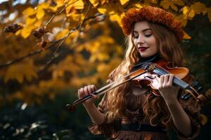 magnifique Jeune femme en jouant violon dans l'automne forêt génératif ai photo