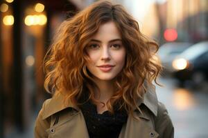 magnifique Jeune femme avec frisé cheveux sur le rue génératif ai photo