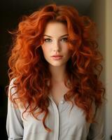 magnifique Jeune femme avec rouge frisé cheveux génératif ai photo