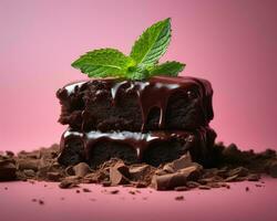 Chocolat Brownies avec menthe sur rose Contexte génératif ai photo