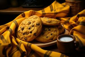 Chocolat puce biscuits sur une assiette suivant à une tasse de Lait génératif ai photo