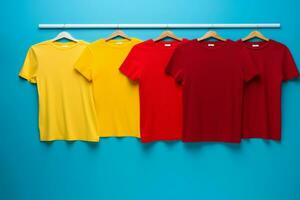 coloré t-shirts pendaison sur une grille contre une bleu mur génératif ai photo