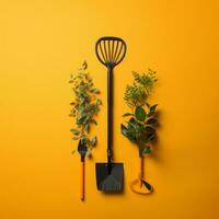 jardinage outils sur un Orange Contexte génératif ai photo