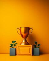 or trophée avec les plantes sur un Orange Contexte 3d le rendu génératif ai photo