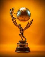 d'or trophée avec football Balle sur Orange Contexte génératif ai photo