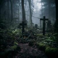 gothique cimetière avec pierres tombales dans le forêt sur une brumeux journée génératif ai photo