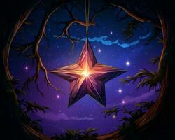 illustration de une étoile pendaison dans le forêt à nuit génératif ai photo