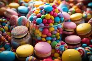 beaucoup coloré des sucreries sont épars sur une table génératif ai photo