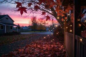 feuilles sur le sol et une maison avec lumières génératif ai photo