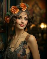 portrait de une magnifique femme dans Années 1920 style avec fleurs dans sa cheveux et perles sur sa cou génératif ai photo
