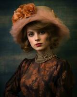 portrait de une magnifique femme dans une ancien chapeau génératif ai photo