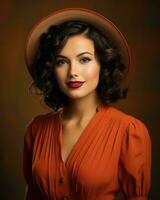 portrait de une magnifique femme dans un Orange robe et chapeau génératif ai photo