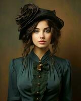 portrait de une magnifique femme portant une chapeau génératif ai photo