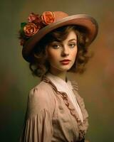 portrait de une magnifique femme portant une chapeau génératif ai photo