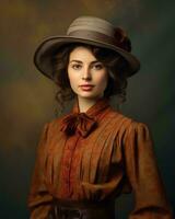 portrait de une magnifique femme portant une chapeau génératif ai photo