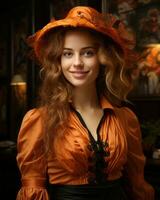 portrait de une magnifique femme dans un Orange robe et chapeau génératif ai photo