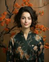 portrait de une magnifique Jeune femme dans une floral kimono génératif ai photo