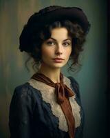 portrait de une magnifique Jeune femme dans une ancien robe et chapeau génératif ai photo