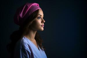 portrait de une magnifique Jeune femme dans une rose chapeau sur une foncé Contexte génératif ai photo