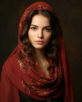 portrait de une magnifique Jeune femme dans une rouge châle génératif ai photo