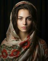 portrait de une magnifique Jeune femme dans une châle génératif ai photo