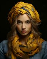 portrait de une magnifique Jeune femme dans une Jaune turban génératif ai photo