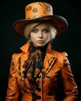 portrait de une magnifique Jeune femme dans un Orange chapeau sur une noir Contexte génératif ai photo