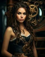 portrait de une magnifique Jeune femme dans steampunk costume génératif ai photo