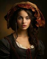 portrait de une magnifique Jeune femme dans Renaissance costume génératif ai photo