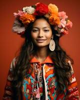 portrait de une magnifique Jeune femme portant une coloré couronne de fleurs sur sa tête génératif ai photo